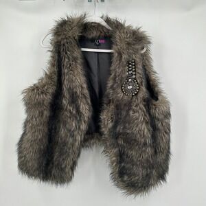 Womens Faux Fur Vest Size 1X Brown Gray Shaggy Boho Indie Rocker Statement Piece